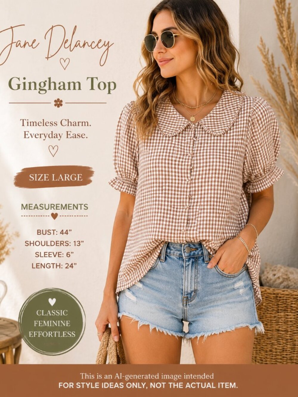 Jane + Delancey Gingham Peter Pan Collar Puff Sleeve Blouse Large - Picture 2 of 8